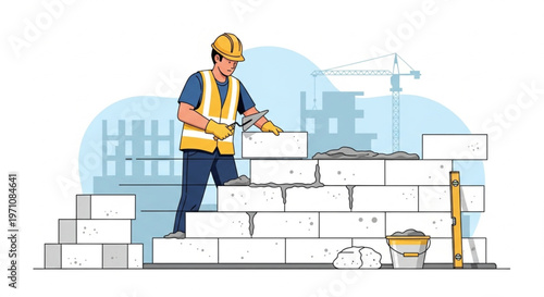 Professional Mason Building a Masonry Wall Illustration