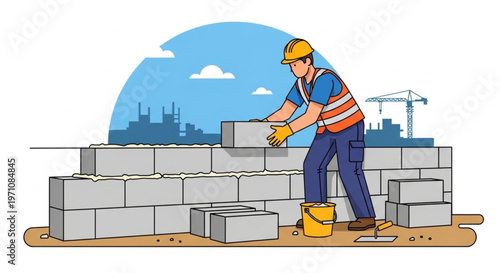 Construction Worker Building a Masonry Wall Illustration