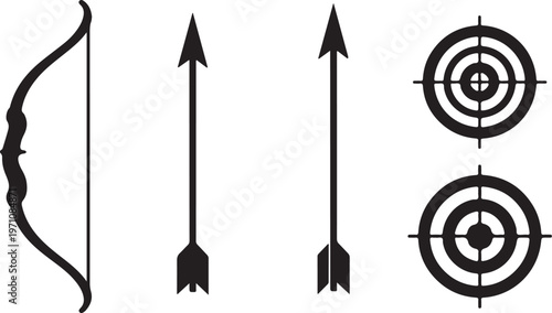 Archery symbols and targets on white background illustration set