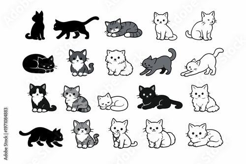Cute Kawaii Cat Illustrations A Charming Collection of Adorable Feline Friends in Various Poses and Expressions for Whimsical Designs
