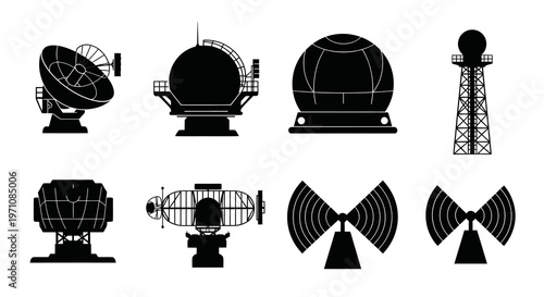 Technology Radar and Antenna Communication Systems Black  White Glyph Icons Collection