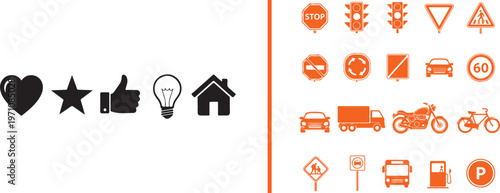 Two-part vector set: black social/web icons (heart, star, thumbs up, lightbulb, home) and orange transportation/road sign icons (stop, signals, car, truck, bike, gas, parking).