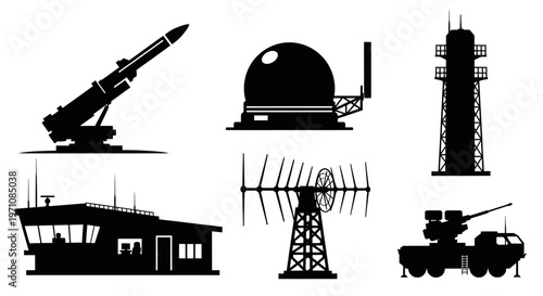 Military Technology Silhouette Vector Set: Radar, Missile, Air Defense  Control Towers