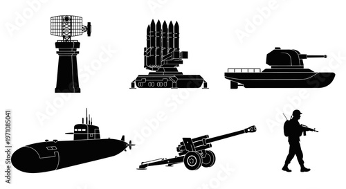 Military Defense Equipment Vector Silhouette Icons: Soldier, Radar, Missile, Submarine, Tank, Cannon