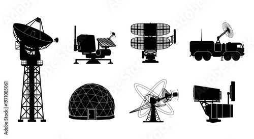 Military Technology Radar  Satellite Antennas Silhouette Vector Icons Set
