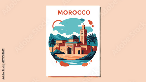 Retro travel poster for Morocco featuring traditional mosque architecture, palm trees, mountains, and water in circular design.