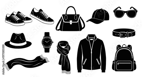 Fashion and Apparel Accessories Silhouette Glyphs Set - Black and White Clothing Icons Collection