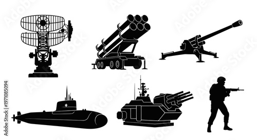 Military Army Defense Vector Icons Set - Weapons, Vehicles, Radar, Soldier Silhouettes Glyph