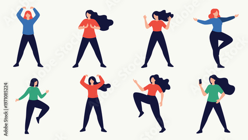 Set of eight diverse women in casual clothing performing different activities and poses against a plain background.