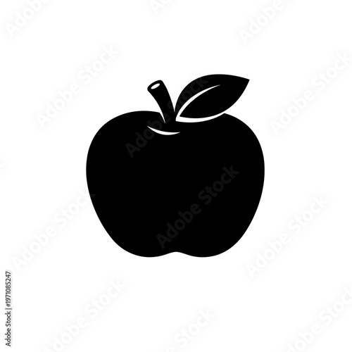 A Silhouette Icon of a Fresh Ripe Apple with a Leaf on a Stem, Symbolizing Healthy Eating, Nutrition, and Organic Produce