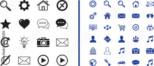 A diverse set of black and blue interface icons in solid and line styles, featuring common web symbols like houses, gears, mail, magnifying glasses, and music notes for digital design.