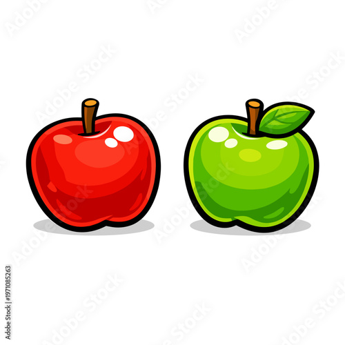 Two cartoon apples, one red and one green, with glossy surfaces and stems, set against a white background, representing healthy food and nature's bounty