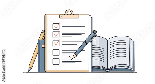Clipboard with checklist and book.