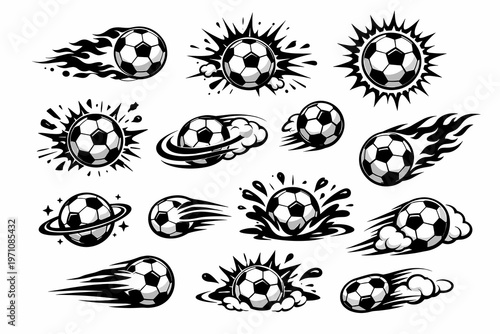 Collection of stylized soccer balls with motion trails, splashes, and abstract designs for sports graphics and athletic event promotion