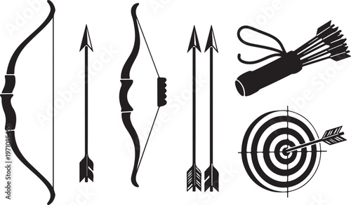 Archery equipment set with bow and arrows on target