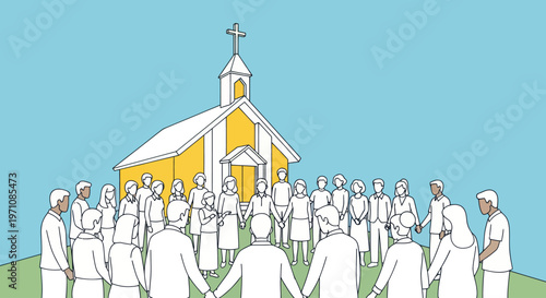 People standing outside a church building.