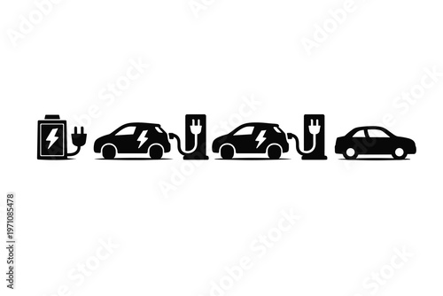 Electric vehicle charging stations and battery icons, illustrating the transition to sustainable transportation and eco-friendly energy solutions