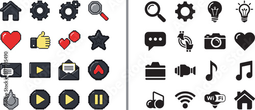 A collection of multimedia and social media icons featuring a mix of colorful illustrated styles and black silhouettes, including hearts, play buttons, music notes, and settings gears.