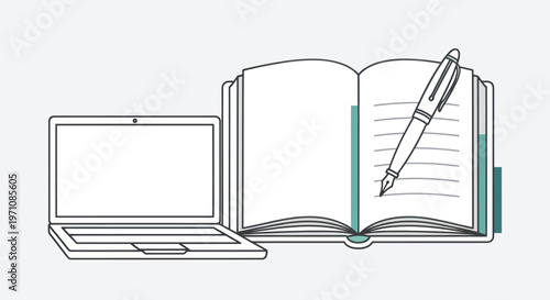 Laptop computer and open notebook.