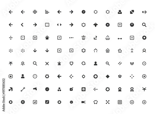 Diverse collection of small black icons for digital interfaces and applications.
