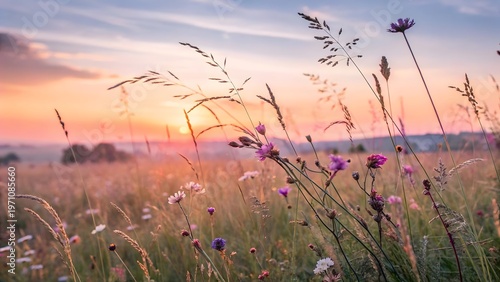 Tranquil nature landscape of grassy meadow at sunrise with soft pastel sky and golden light rays