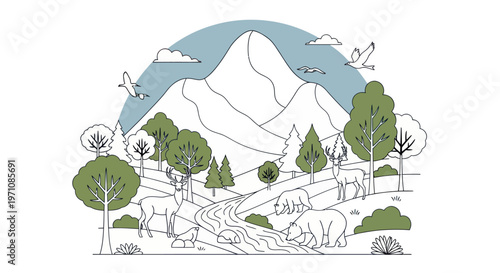 Goats on mountain side landscape scene.