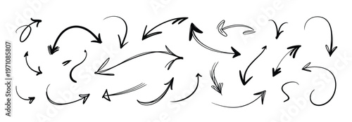 Hand-drawn style arrows in black and white, showing various directions and curved paths