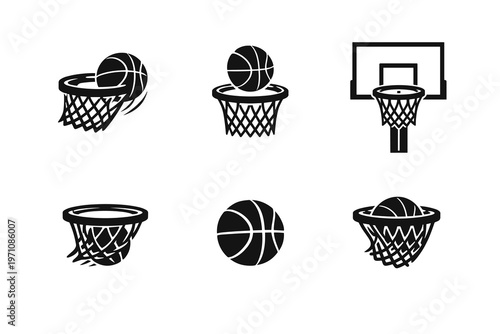 Basketball Hoop Icons Collection of Six Black and White Vector Illustrations Showing Basketballs in Hoops and Swishing Through Nets