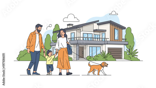 Happy family with a small child and a dog walking in front of their modern two story suburban home with garden.