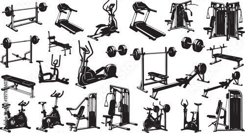 Various Gym Equipment and Fitness Machines Illustration Set