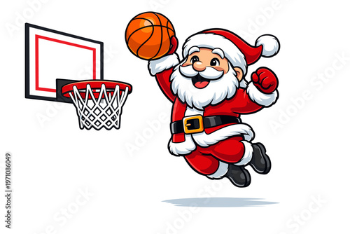 Funny illustration of Santa Claus playing basketball and dunking the ball into the hoop, perfect for holiday sports themes