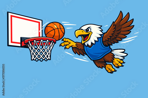 Eagle playing basketball and jumping to make a slam dunk shot into the hoop during a sports game, dynamic action illustration
