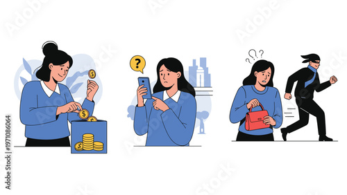 Different scenarios showing a woman saving money, checking her phone, and a thief stealing her purse in a city.