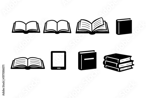 Vector icons depicting diverse reading materials, from traditional books to digital e-readers, ideal for educational content