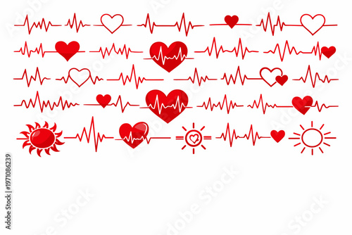 Collection of Red Heartbeat and Sun Icons Symbolizing Love, Life, Health, and Positive Energy for Various Designs and Applications