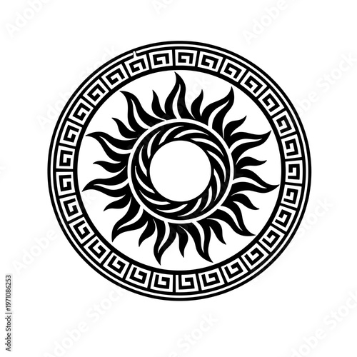 Stylized sun graphic with radiant rays, enclosed by a classic Greek key meander circular border, a powerful, timeless symbolic emblem