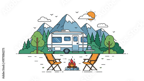 Peaceful camping site in the mountains featuring a white trailer, campfire, two chairs, and pine trees under a sun.