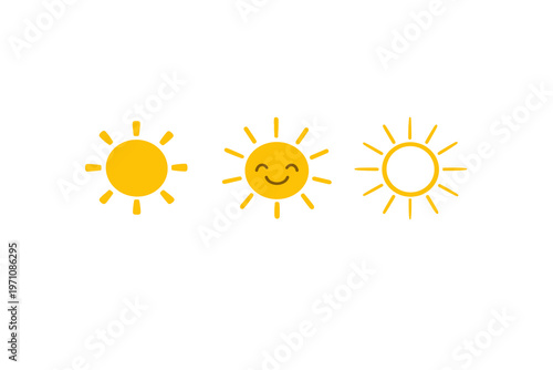 Three stylized sun icons with smiling faces, bright yellow radiating light, isolated on a clean white background, representing warmth and happiness