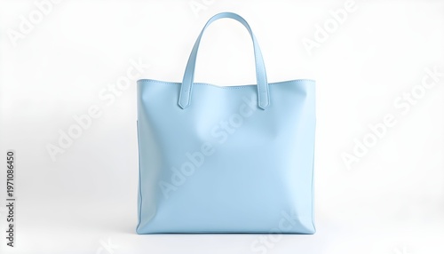 A light blue leather tote bag sits on a white surface in a studio.