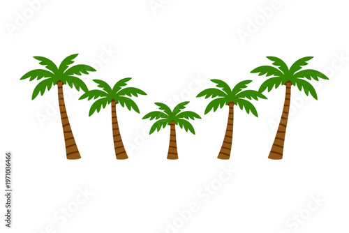 A delightful illustration of a group of vibrant green palm trees with textured brown trunks arranged in a charming arc against a clean white background, evoking a tropical paradise