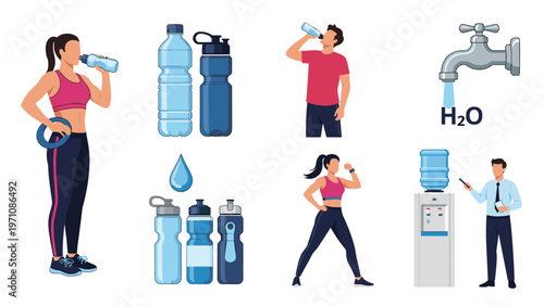 Collection of people drinking water from bottles and coolers to stay hydrated during sports and office work on white.