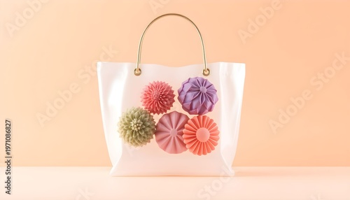 Vibrant colorful pom-pom decorated tote bag on a table