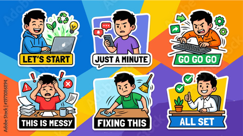 Young Man Character Daily Workflow Sticker Set for Office Productivity and Stress Management Showing Laptop Work Overwhelmed Messy Desk Cleaning Maintenance and Successful Professional Achievement