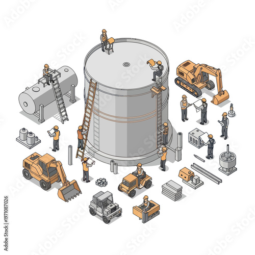 Industrial construction of a large cylindrical tank with workers and machinery.