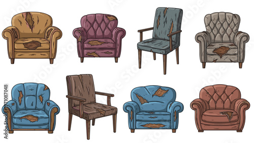 Set of various worn and damaged upholstered armchairs and chairs showing visible tears and aged fabric in a detailed hand-drawn style.