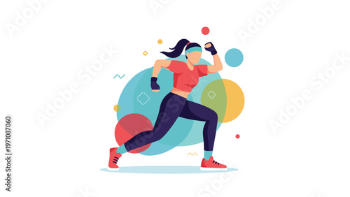 Female athlete in sportswear running dynamically against a vibrant background of colorful abstract shapes and geometric design elements.