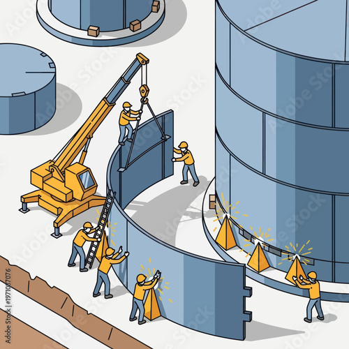 Construction workers assemble large industrial storage tanks with crane.