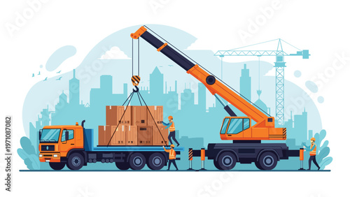 Busy industrial construction site where an orange crane is loading wooden crates onto a flatbed truck while workers manage the area.