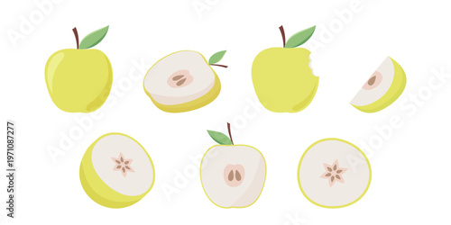 Set of yellow apples. Whole apple, bitten apple, half apple, apple slice