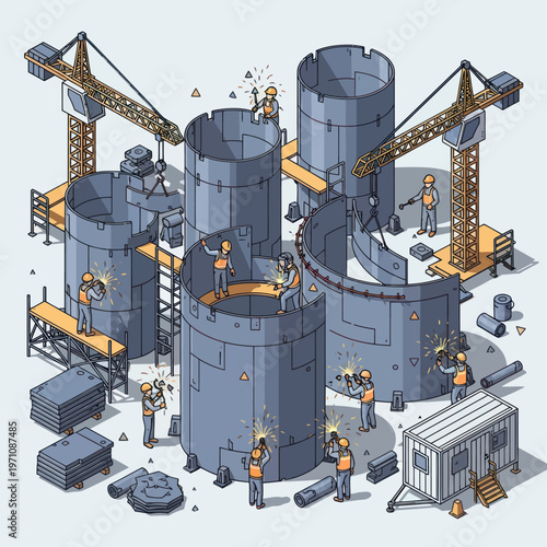 Construction of large industrial cylindrical structures with cranes and workers.